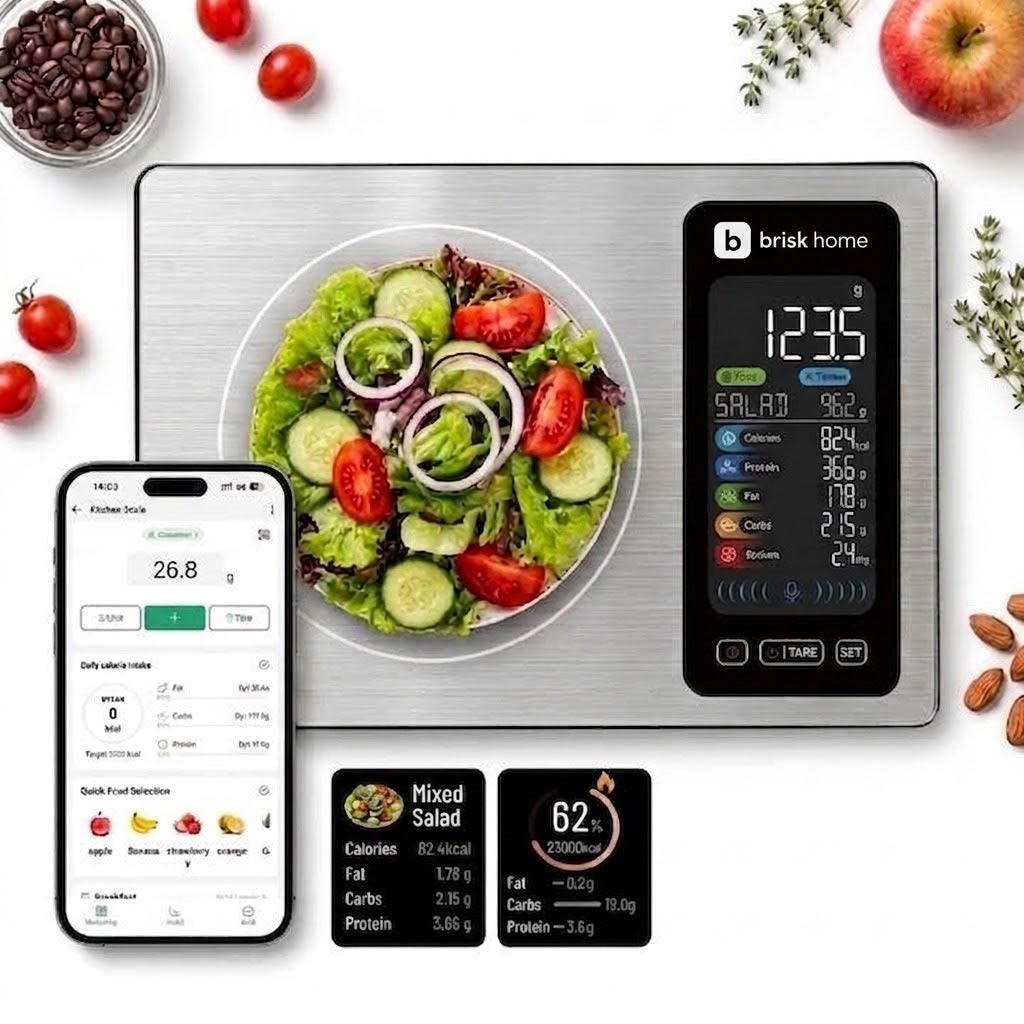 Cântar de bucătărie smart BriskHome cu afișaj dublu pentru calorii și nutrienți