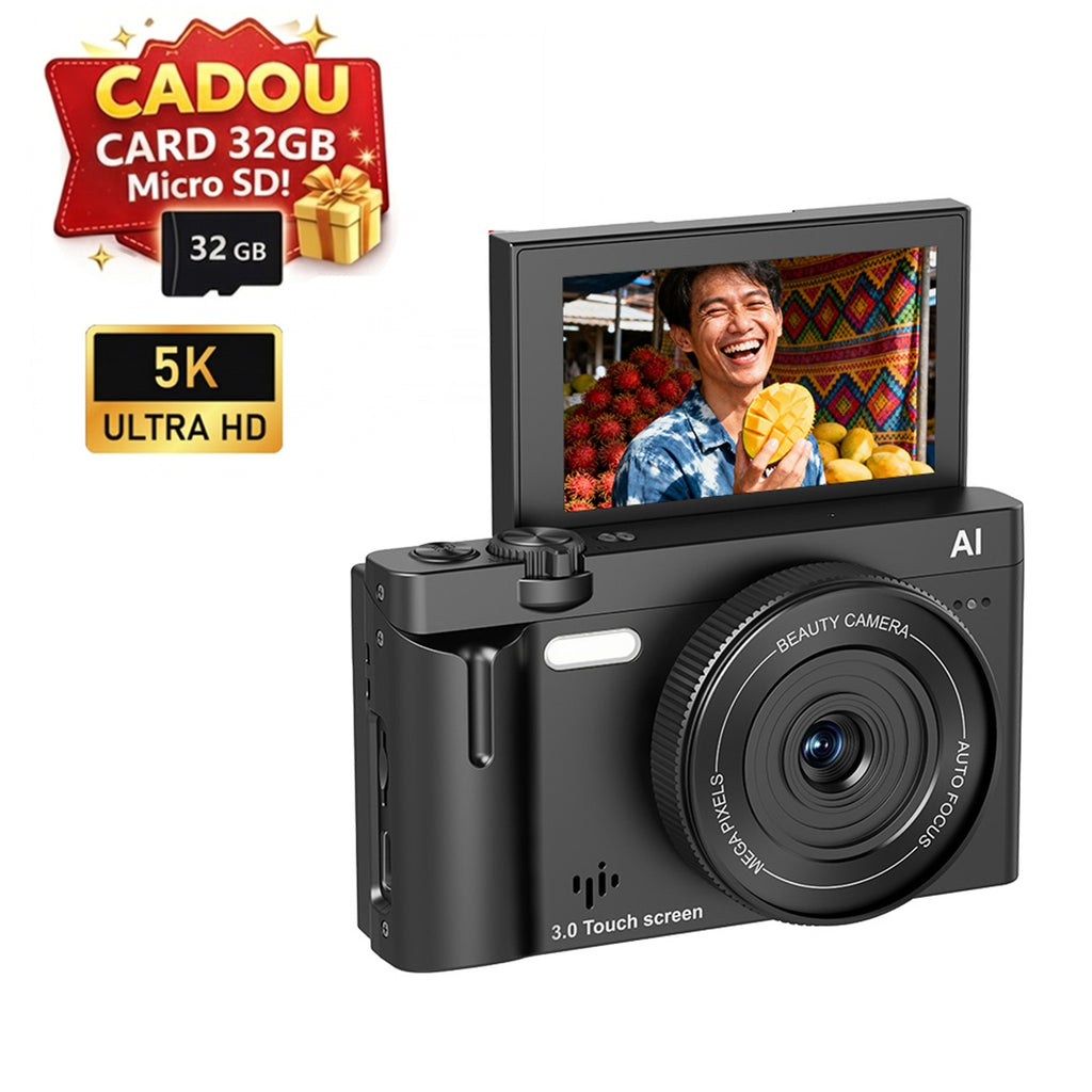 Camera Foto Digitala 4K cu AI, 21MP, Ecran Tactil 3.0" Rabatabil 180°, Card SD 32GB Inclus, Autofocus, Lumina LED, Camera Vlogging si Selfie, Functii Beauty, 10 Filtre, Negru Mat