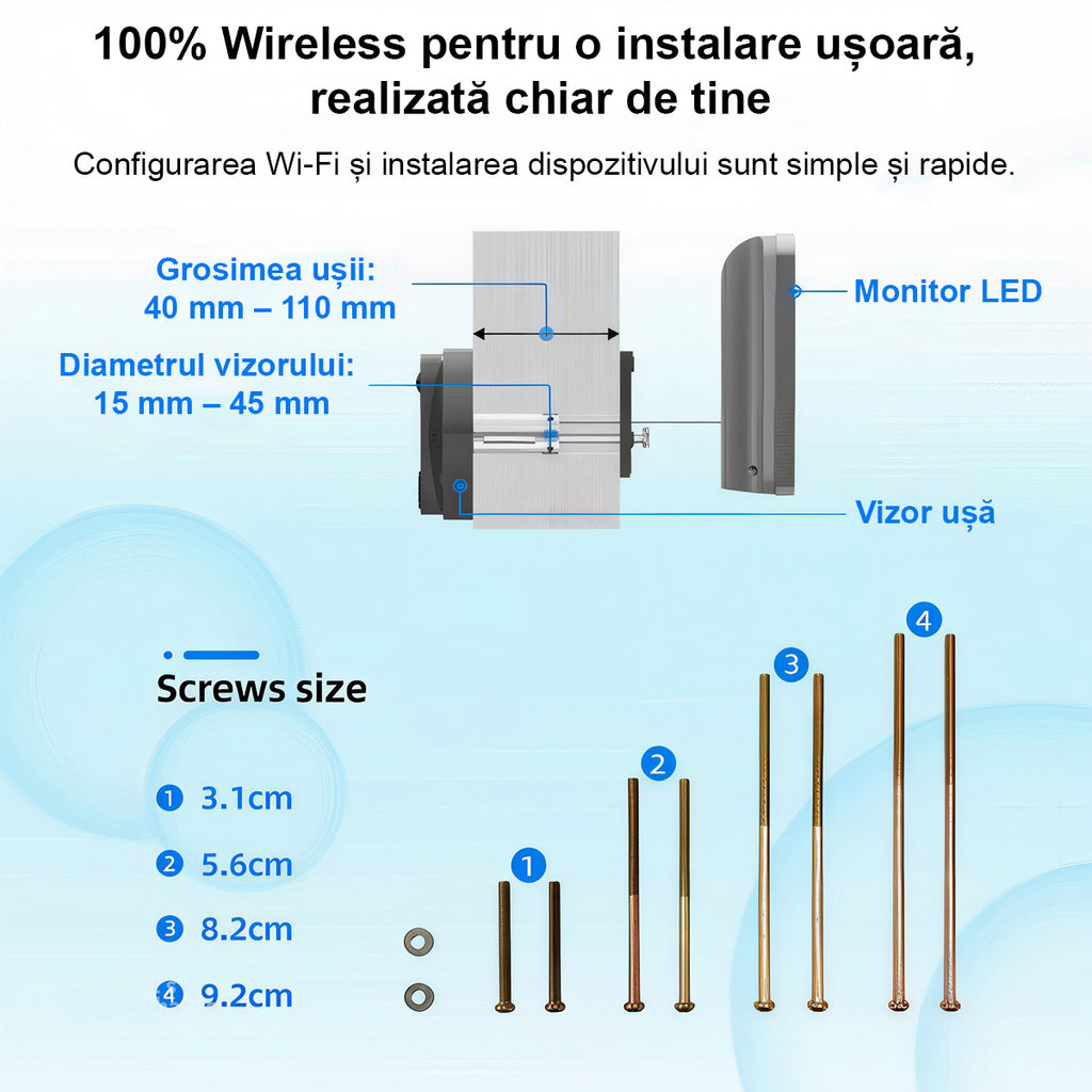 Vizor Electronic Inteligent Wi-Fi, 1080P HD, 3MP, Ecran LCD 4.3 Inch, Senzor Miscare, Unghi de 166°, Gri
