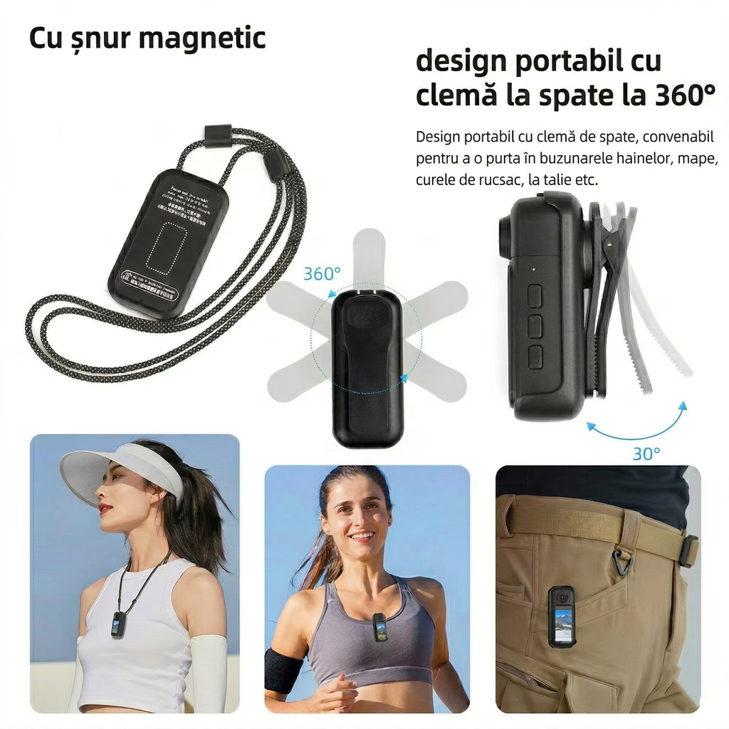 Camera Video Corporala 4K Ultra HD, Rotatie 180°, Autonomie 8h, Waterproof 30m, Ecran HD 1.47”, 256GB, Unghi Larg 120°