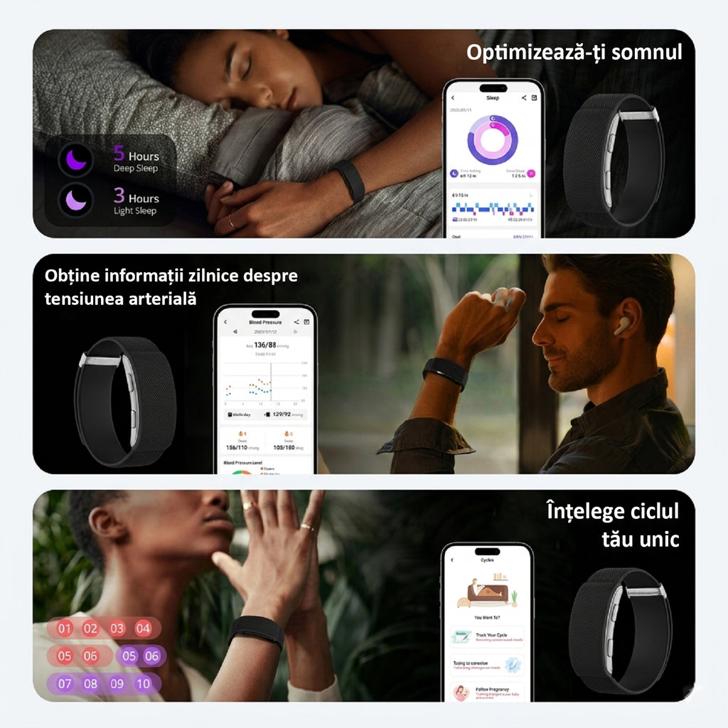 Bratara Fitness, Monitorizare Sanatate 24/7, Ritm Cardiac, Oxigen Sange, ECG, Temperatura, Somn, Moduri Sportive Multiple, Notificari Apeluri, Baterie 20-30 Zile, Rezistenta Apa 1ATM