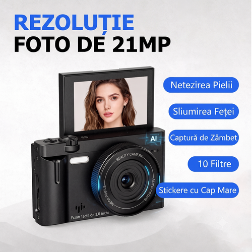 Camera Foto Digitala 4K cu AI, 21MP, Ecran Tactil 3.0" Rabatabil 180°, Card SD 32GB Inclus, Autofocus, Lumina LED, Camera Vlogging si Selfie, Functii Beauty, 10 Filtre, Negru Mat