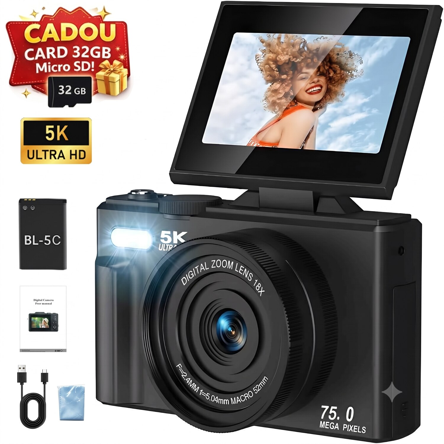 Camera Foto Compacta, 75 MP, Display LCD de 3.0 Inchi, Flip Screen 180°, Zoom 18x, Anti-shake, WIFI, Cu card SD 32G, Focalizare automata, Blit de Incorporat, Compact si Usor, Negru