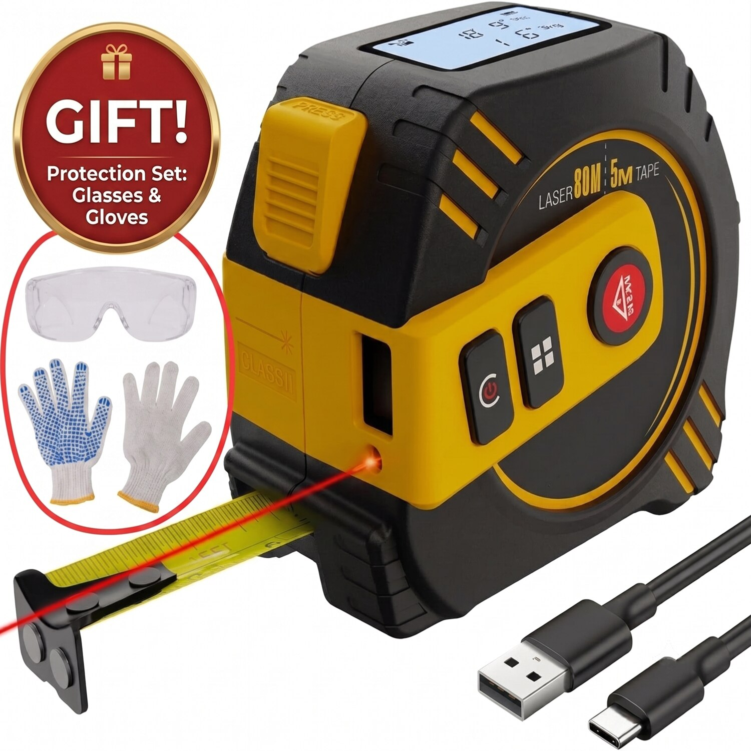 Ruleta Profesionala 2 in 1 cu Telemetru Laser 80m si Banda Otel 5m, Digitala, Afisaj LCD Iluminat, Masurare Distanta, Suprafata, Volum, Pitagora, Memorie 30 Masuratori, Incarcare USB-C, Comutare m/ft, Autoblocare, Clema prindere