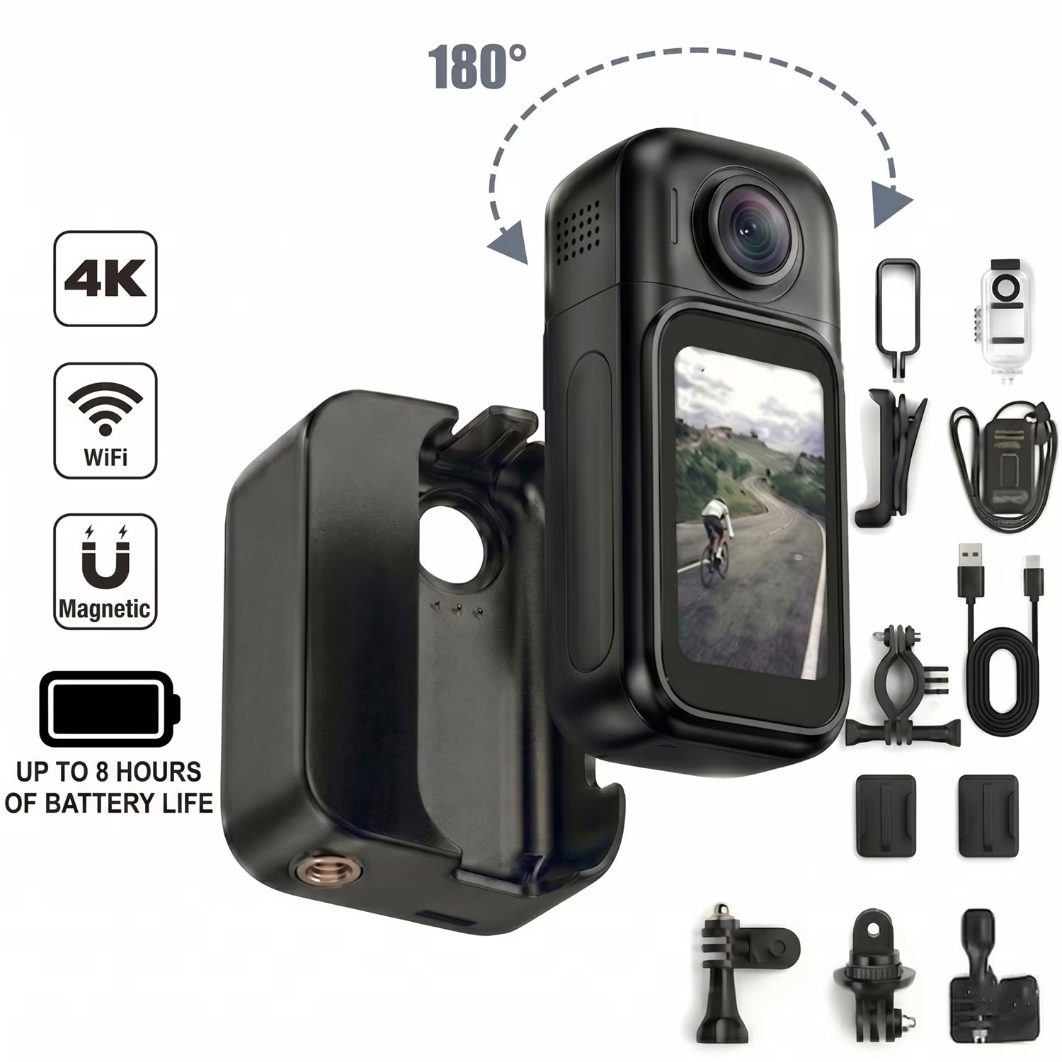 Camera Video Corporala 4K Ultra HD, Rotatie 180°, Autonomie 8h, Waterproof 30m, Ecran HD 1.47”, 256GB, Unghi Larg 120°