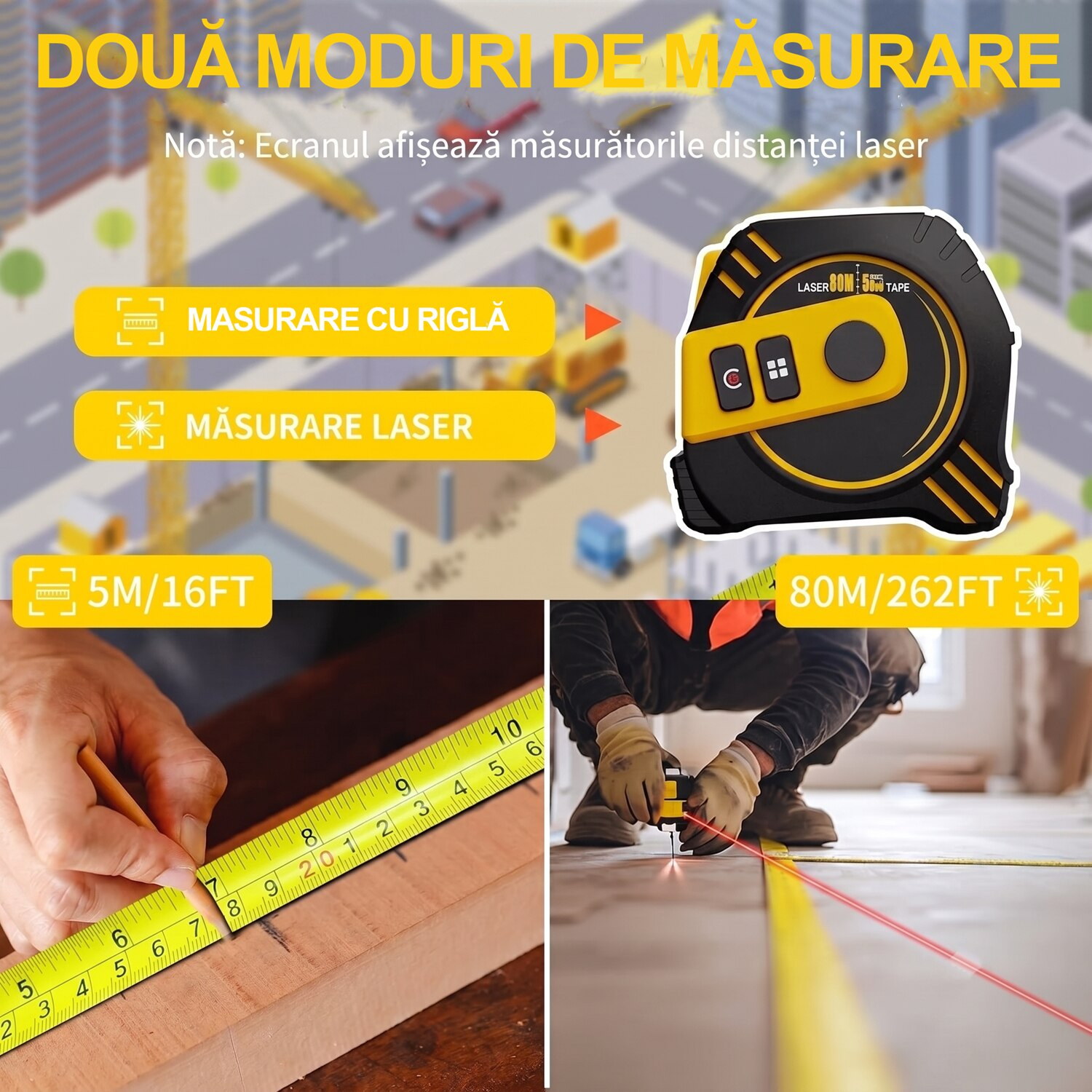 Ruleta Profesionala 2 in 1 cu Telemetru Laser 80m si Banda Otel 5m, Digitala, Afisaj LCD Iluminat, Masurare Distanta, Suprafata, Volum, Pitagora, Memorie 30 Masuratori, Incarcare USB-C, Comutare m/ft, Autoblocare, Clema prindere