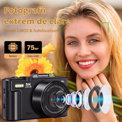 Camera Foto Compacta, 75 MP, Display LCD de 3.0 Inchi, Flip Screen 180°, Zoom 18x, Anti-shake, WIFI, Cu card SD 32G, Focalizare automata, Blit de Incorporat, Compact si Usor, Negru