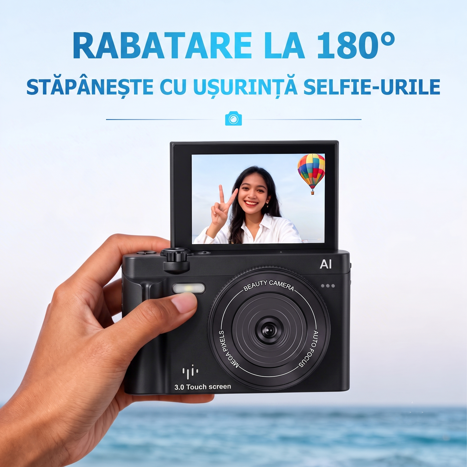 Camera Foto Digitala 4K cu AI, 21MP, Ecran Tactil 3.0" Rabatabil 180°, Card SD 32GB Inclus, Autofocus, Lumina LED, Camera Vlogging si Selfie, Functii Beauty, 10 Filtre, Negru Mat