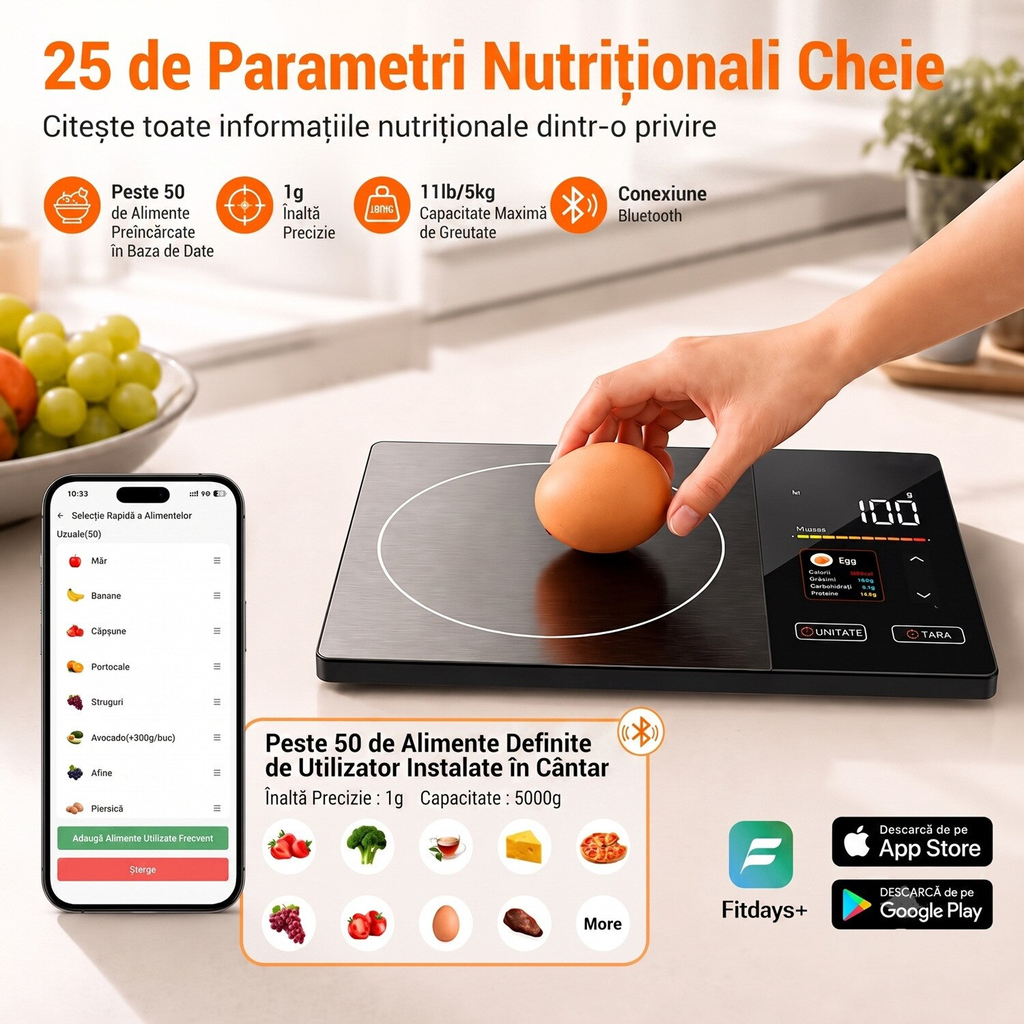 Cantar Bucatarie Smart, Afisaj Dublu cu Valori Nutritionale, Functioneaza si Fara Telefon, Calculator Calorii si 23 Nutrienti, Precizie 1g / 5kg, Bluetooth, Aplicatie iOS/Android, 4 Senzori, Otel Inoxidabil, Functie Tare si Lchide ml