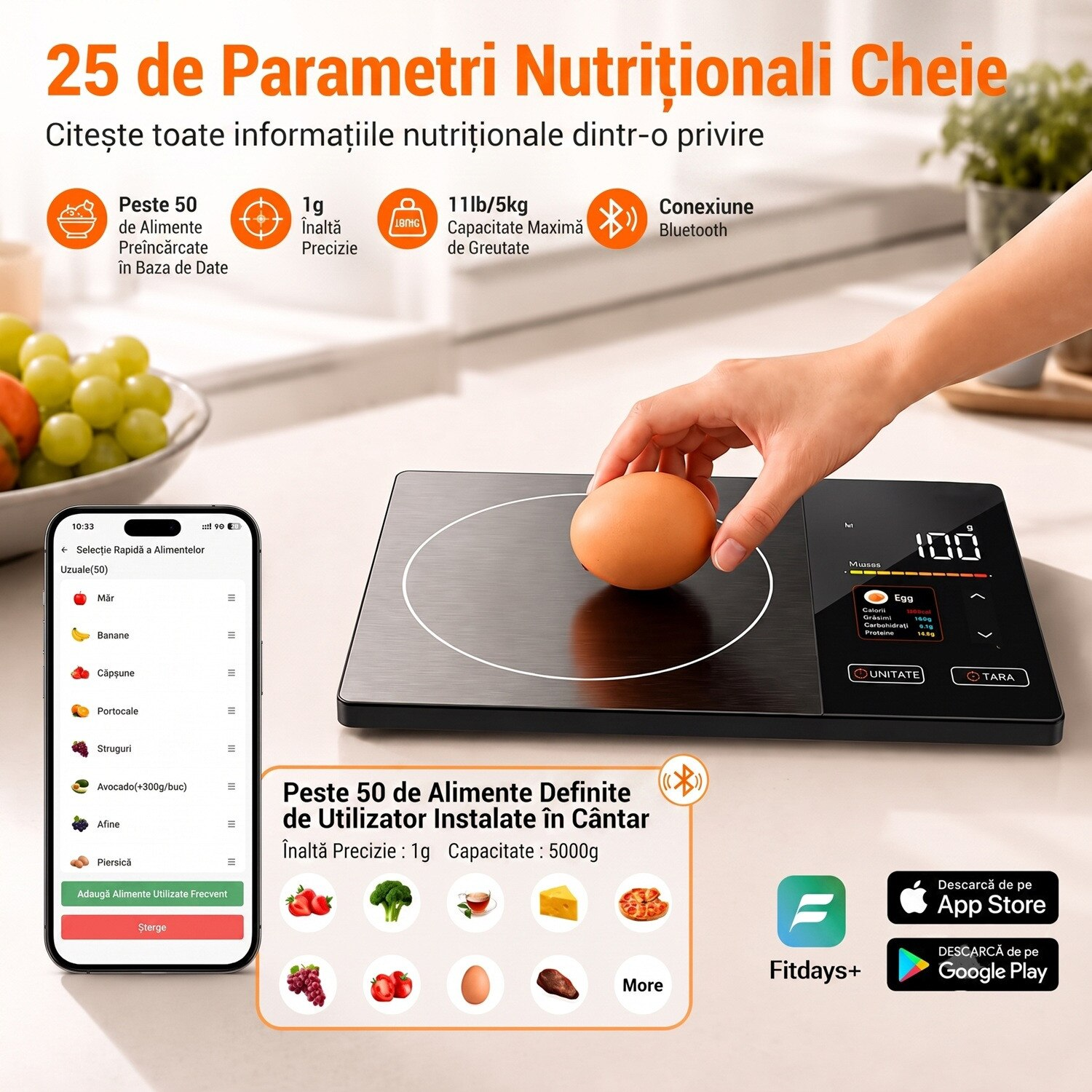 Cantar Bucatarie Smart, Afisaj Dublu cu Valori Nutritionale, Functioneaza si Fara Telefon, Calculator Calorii si 23 Nutrienti, Precizie 1g / 5kg, Bluetooth, Aplicatie iOS/Android, 4 Senzori, Otel Inoxidabil, Functie Tare si Lchide ml