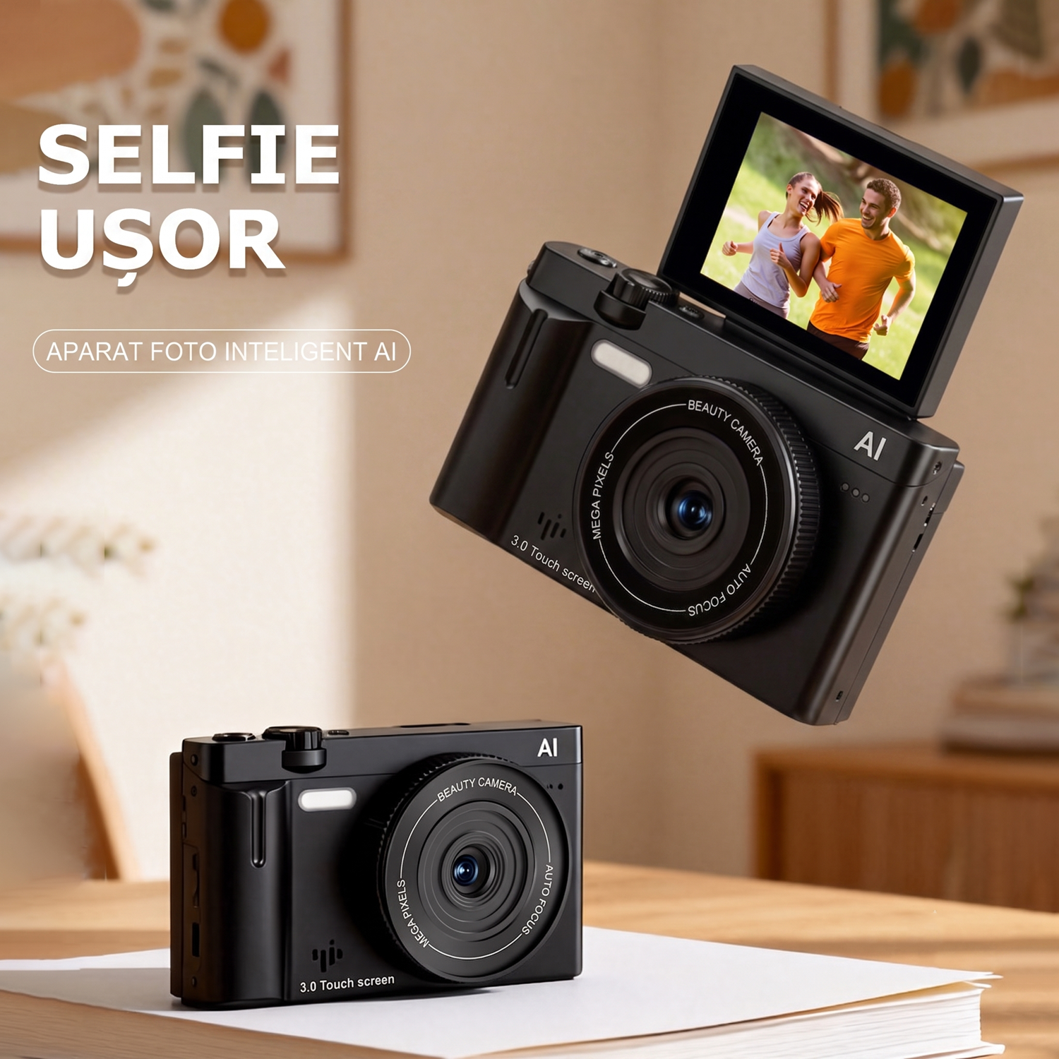Camera Foto Digitala 4K cu AI, 21MP, Ecran Tactil 3.0" Rabatabil 180°, Card SD 32GB Inclus, Autofocus, Lumina LED, Camera Vlogging si Selfie, Functii Beauty, 10 Filtre, Negru Mat