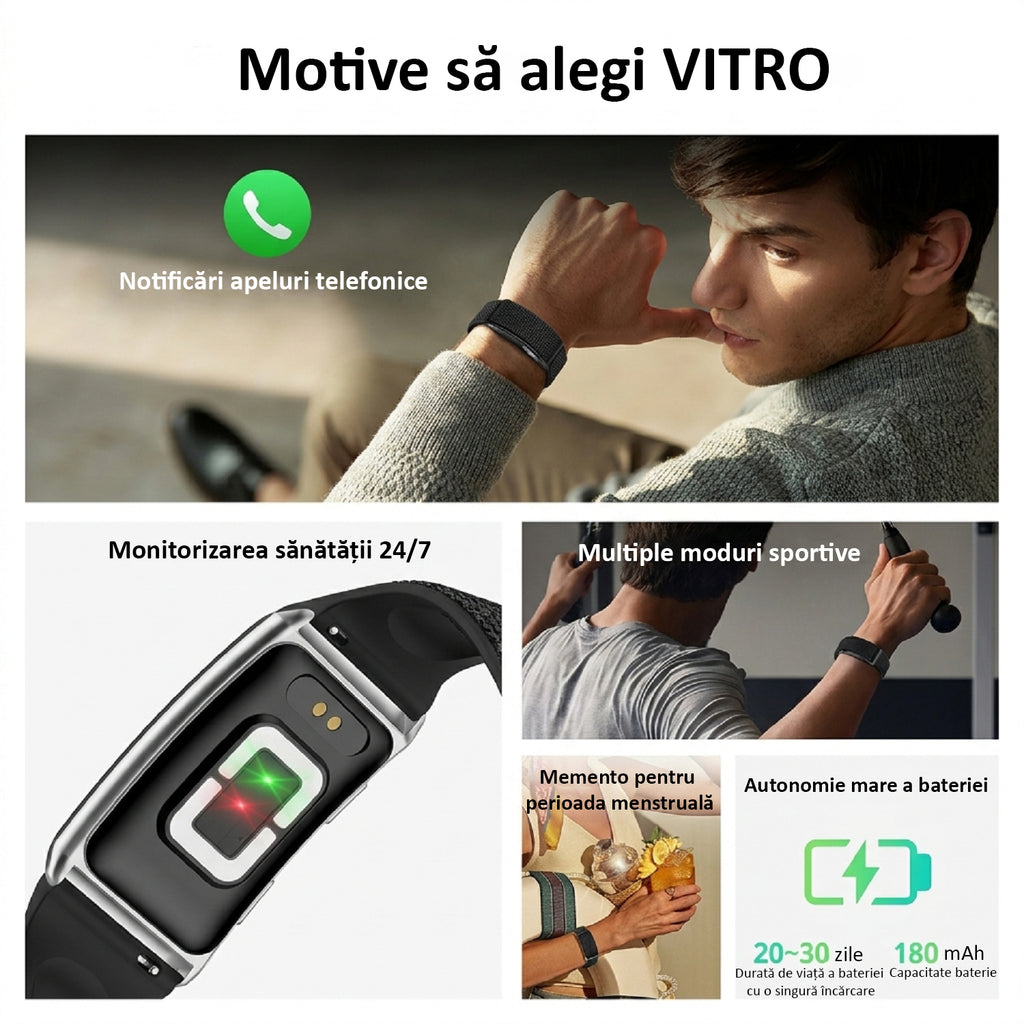 Bratara Fitness, Monitorizare Sanatate 24/7, Ritm Cardiac, Oxigen Sange, ECG, Temperatura, Somn, Moduri Sportive Multiple, Notificari Apeluri, Baterie 20-30 Zile, Rezistenta Apa 1ATM