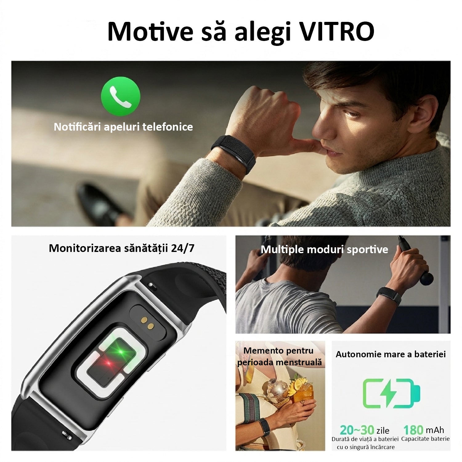 Bratara Fitness, Monitorizare Sanatate 24/7, Ritm Cardiac, Oxigen Sange, ECG, Temperatura, Somn, Moduri Sportive Multiple, Notificari Apeluri, Baterie 20-30 Zile, Rezistenta Apa 1ATM
