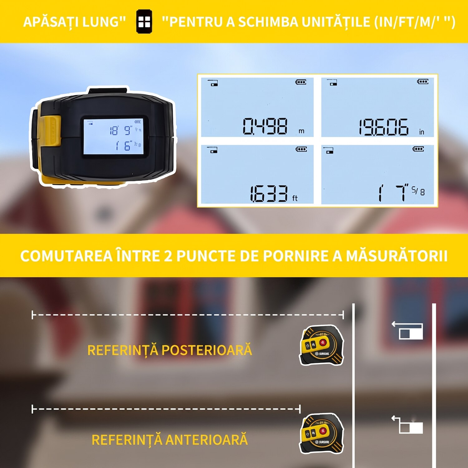 Ruleta Profesionala 2 in 1 cu Telemetru Laser 80m si Banda Otel 5m, Digitala, Afisaj LCD Iluminat, Masurare Distanta, Suprafata, Volum, Pitagora, Memorie 30 Masuratori, Incarcare USB-C, Comutare m/ft, Autoblocare, Clema prindere