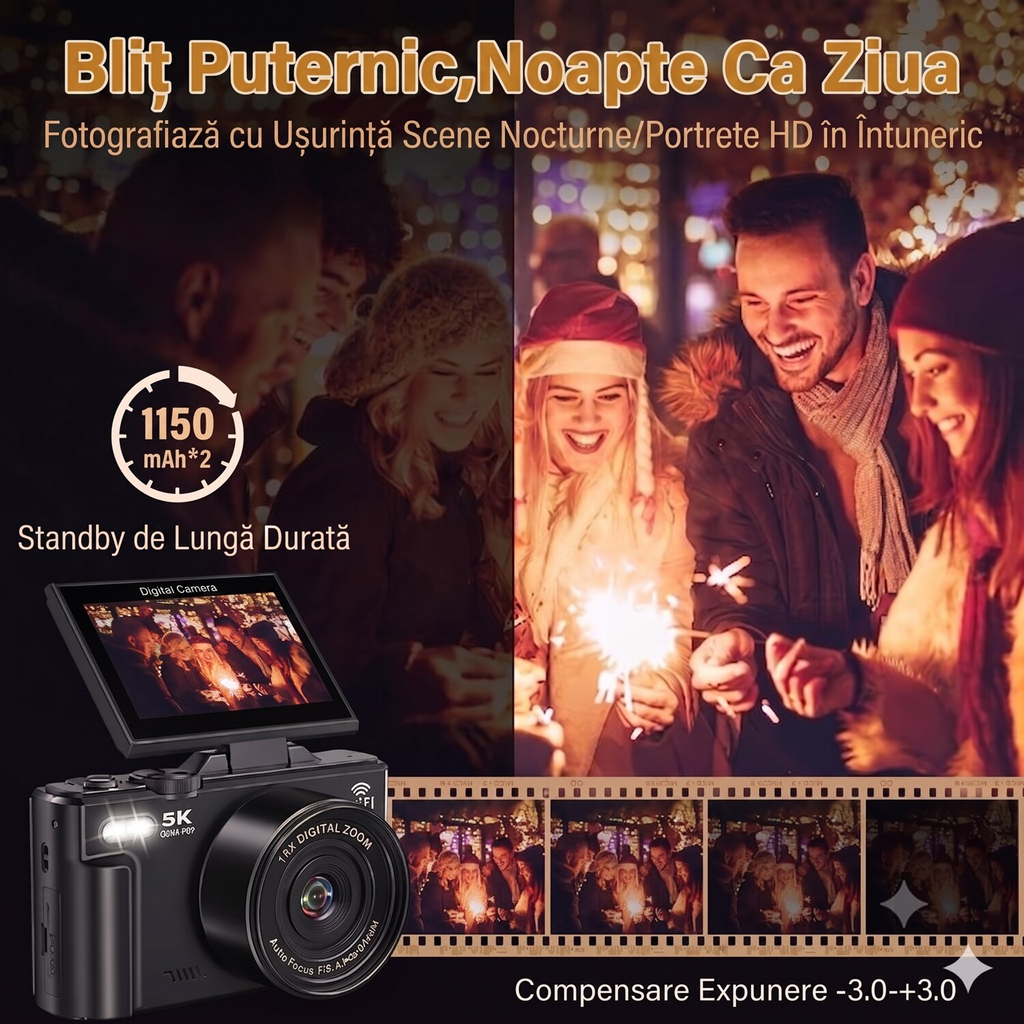 Camera Foto Compacta, 75 MP, Display LCD de 3.0 Inchi, Flip Screen 180°, Zoom 18x, Anti-shake, WIFI, Cu card SD 32G, Focalizare automata, Blit de Incorporat, Compact si Usor, Negru