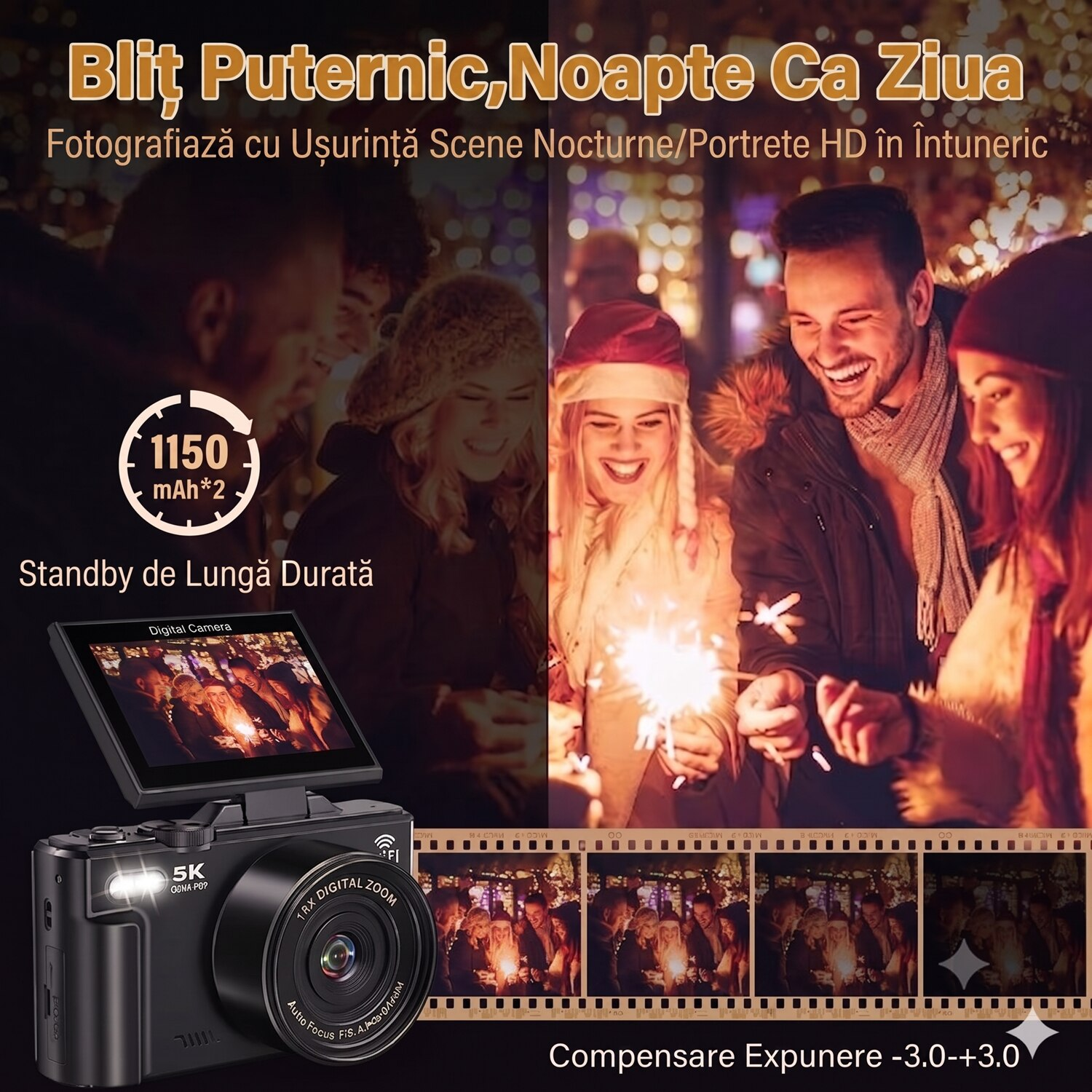 Camera Foto Compacta, 75 MP, Display LCD de 3.0 Inchi, Flip Screen 180°, Zoom 18x, Anti-shake, WIFI, Cu card SD 32G, Focalizare automata, Blit de Incorporat, Compact si Usor, Negru