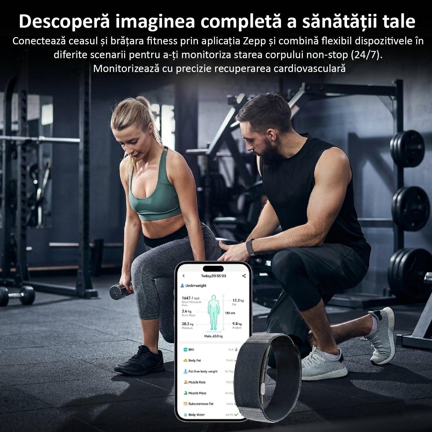 Bratara Fitness, Monitorizare Sanatate 24/7, Ritm Cardiac, Oxigen Sange, ECG, Temperatura, Somn, Moduri Sportive Multiple, Notificari Apeluri, Baterie 20-30 Zile, Rezistenta Apa 1ATM