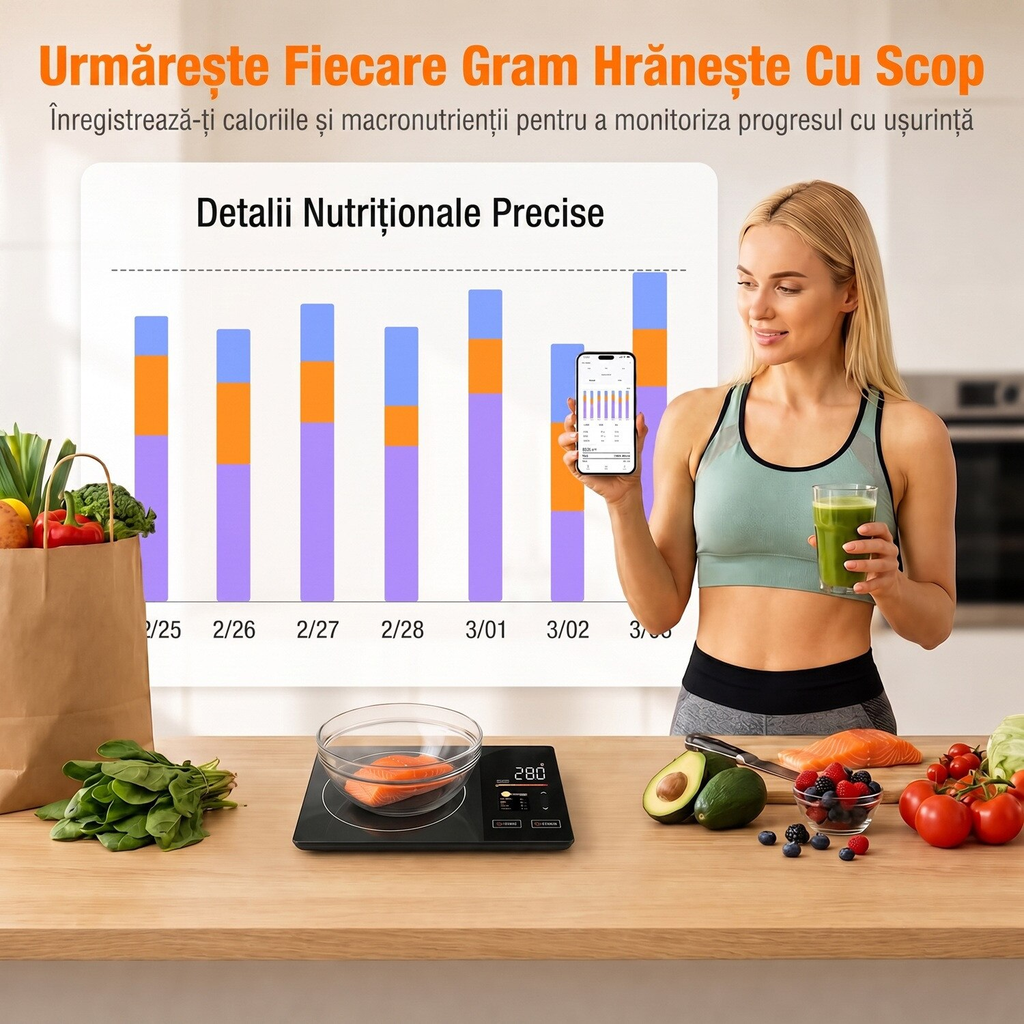 Cantar Bucatarie Smart, Afisaj Dublu cu Valori Nutritionale, Functioneaza si Fara Telefon, Calculator Calorii si 23 Nutrienti, Precizie 1g / 5kg, Bluetooth, Aplicatie iOS/Android, 4 Senzori, Otel Inoxidabil, Functie Tare si Lchide ml