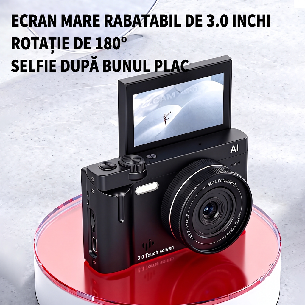 Camera Foto Digitala 4K cu AI, 21MP, Ecran Tactil 3.0" Rabatabil 180°, Card SD 32GB Inclus, Autofocus, Lumina LED, Camera Vlogging si Selfie, Functii Beauty, 10 Filtre, Negru Mat
