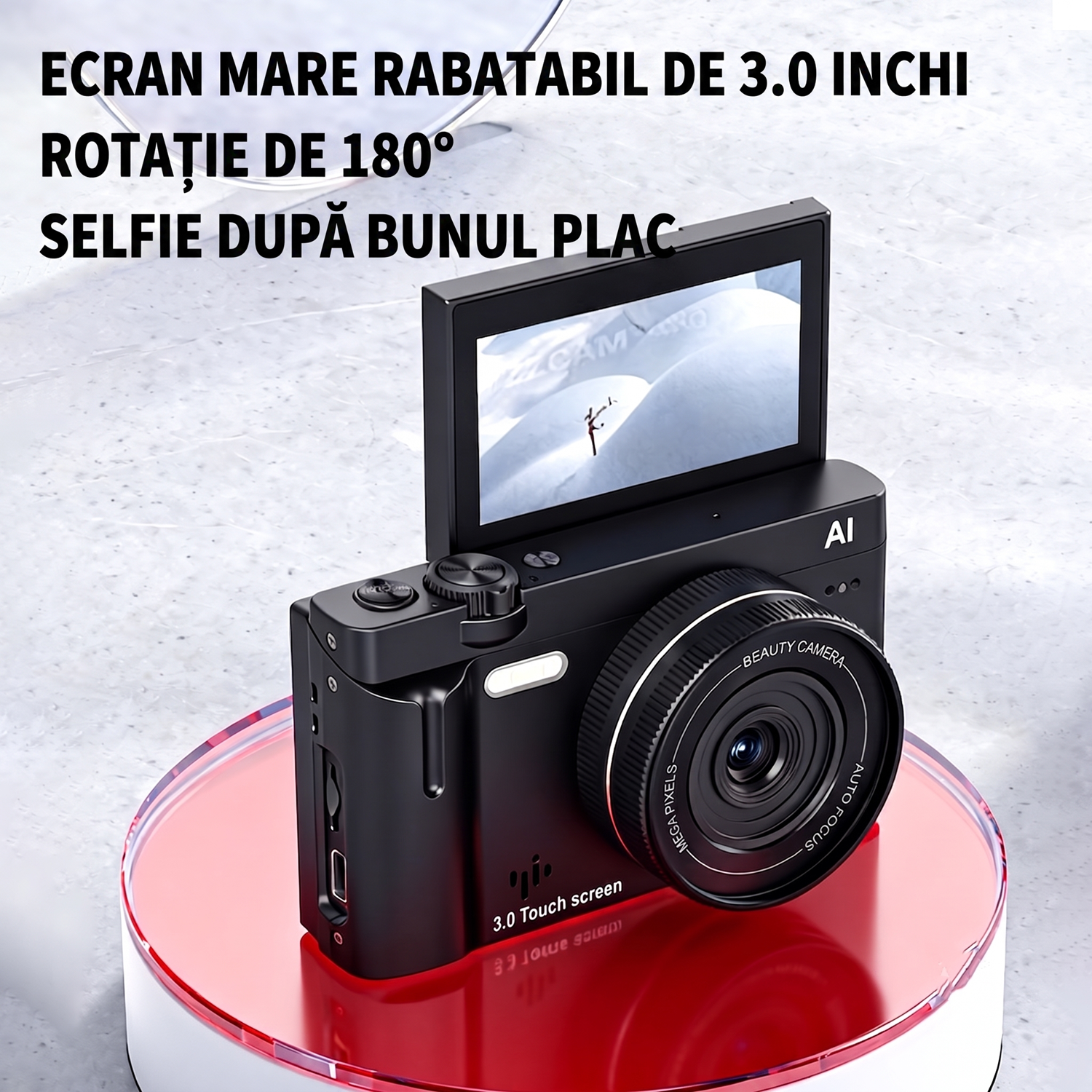 Camera Foto Digitala 4K cu AI, 21MP, Ecran Tactil 3.0" Rabatabil 180°, Card SD 32GB Inclus, Autofocus, Lumina LED, Camera Vlogging si Selfie, Functii Beauty, 10 Filtre, Negru Mat
