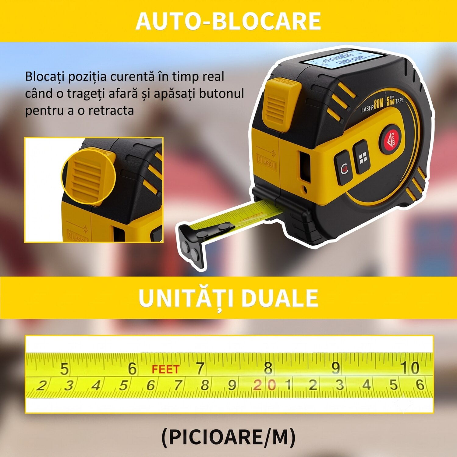 Ruleta Profesionala 2 in 1 cu Telemetru Laser 80m si Banda Otel 5m, Digitala, Afisaj LCD Iluminat, Masurare Distanta, Suprafata, Volum, Pitagora, Memorie 30 Masuratori, Incarcare USB-C, Comutare m/ft, Autoblocare, Clema prindere
