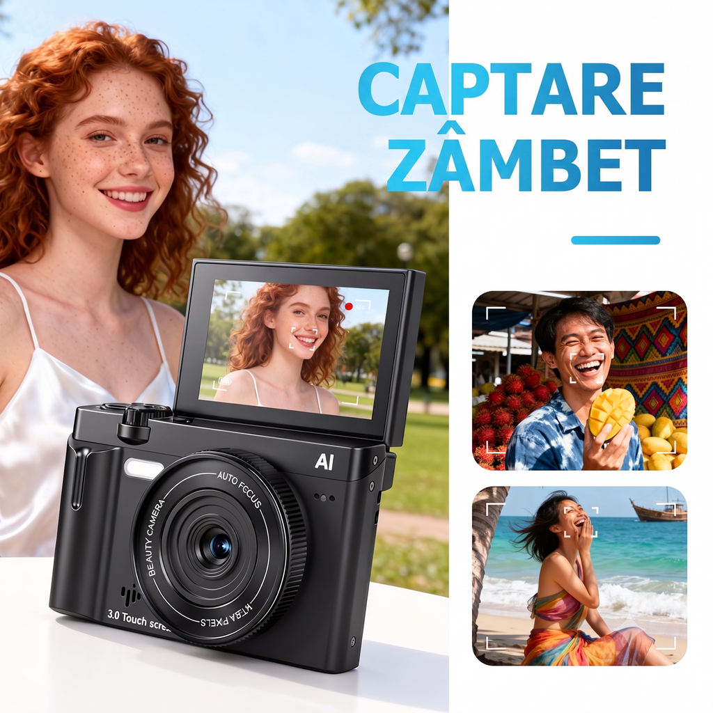 Camera Foto Digitala 4K cu AI, 21MP, Ecran Tactil 3.0" Rabatabil 180°, Card SD 32GB Inclus, Autofocus, Lumina LED, Camera Vlogging si Selfie, Functii Beauty, 10 Filtre, Negru Mat