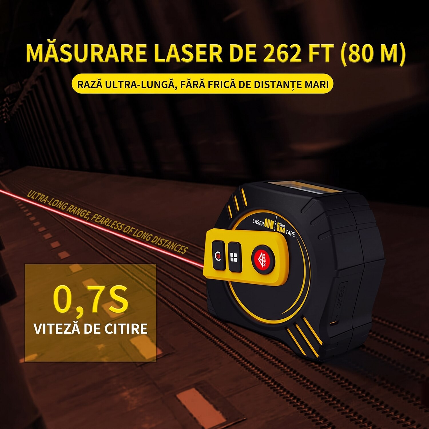 Ruleta Profesionala 2 in 1 cu Telemetru Laser 80m si Banda Otel 5m, Digitala, Afisaj LCD Iluminat, Masurare Distanta, Suprafata, Volum, Pitagora, Memorie 30 Masuratori, Incarcare USB-C, Comutare m/ft, Autoblocare, Clema prindere