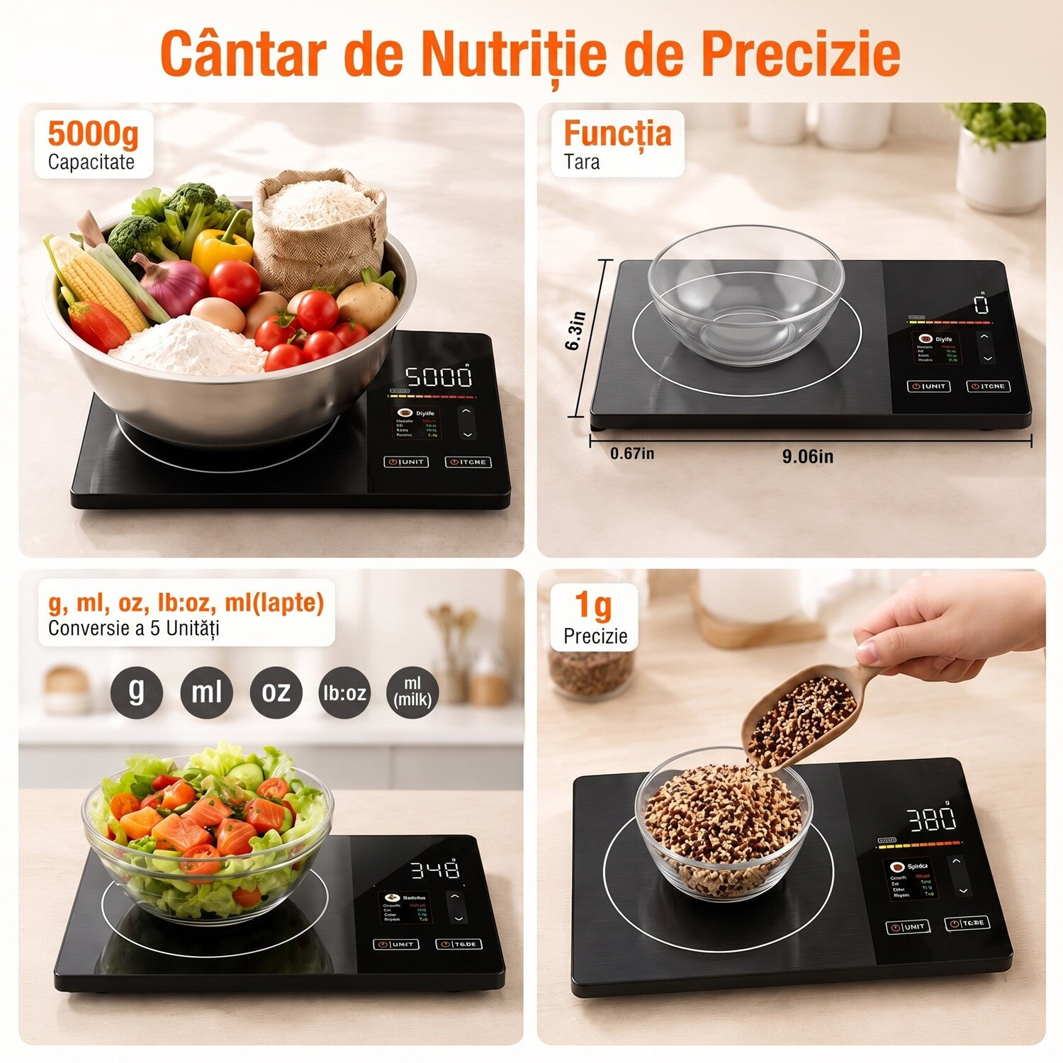 Cantar Bucatarie Smart, Afisaj Dublu cu Valori Nutritionale, Functioneaza si Fara Telefon, Calculator Calorii si 23 Nutrienti, Precizie 1g / 5kg, Bluetooth, Aplicatie iOS/Android, 4 Senzori, Otel Inoxidabil, Functie Tare si Lchide ml
