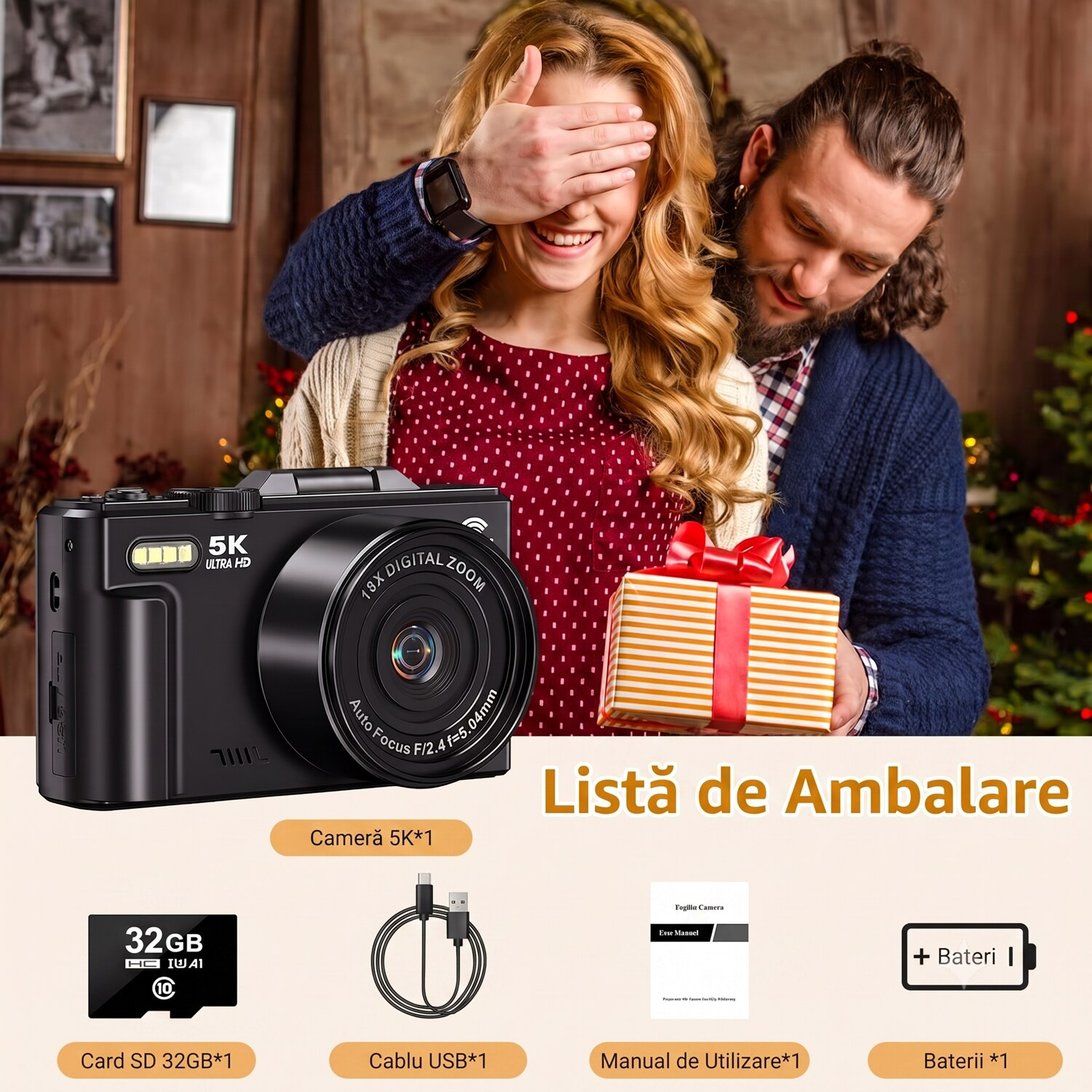 Camera Foto Compacta, 75 MP, Display LCD de 3.0 Inchi, Flip Screen 180°, Zoom 18x, Anti-shake, WIFI, Cu card SD 32G, Focalizare automata, Blit de Incorporat, Compact si Usor, Negru