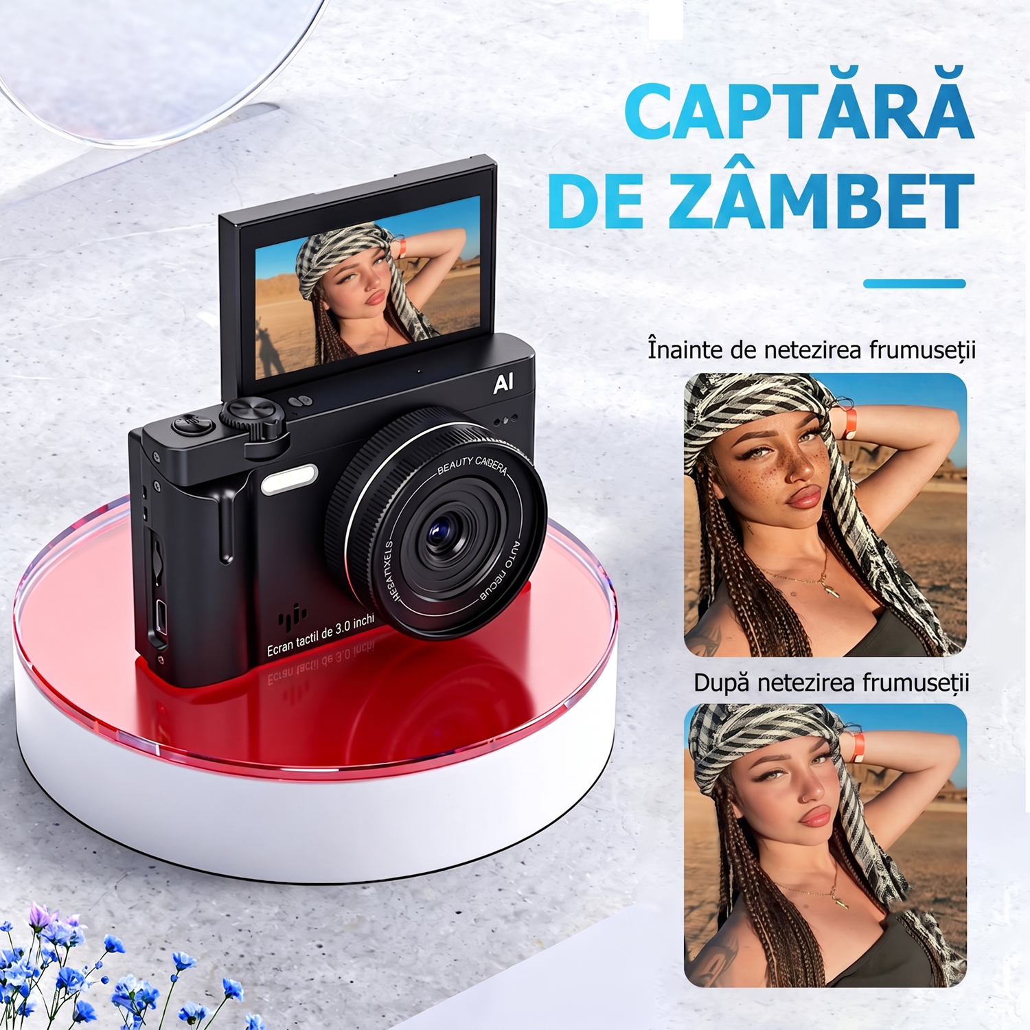 Camera Foto Digitala 4K cu AI, 21MP, Ecran Tactil 3.0" Rabatabil 180°, Card SD 32GB Inclus, Autofocus, Lumina LED, Camera Vlogging si Selfie, Functii Beauty, 10 Filtre, Negru Mat
