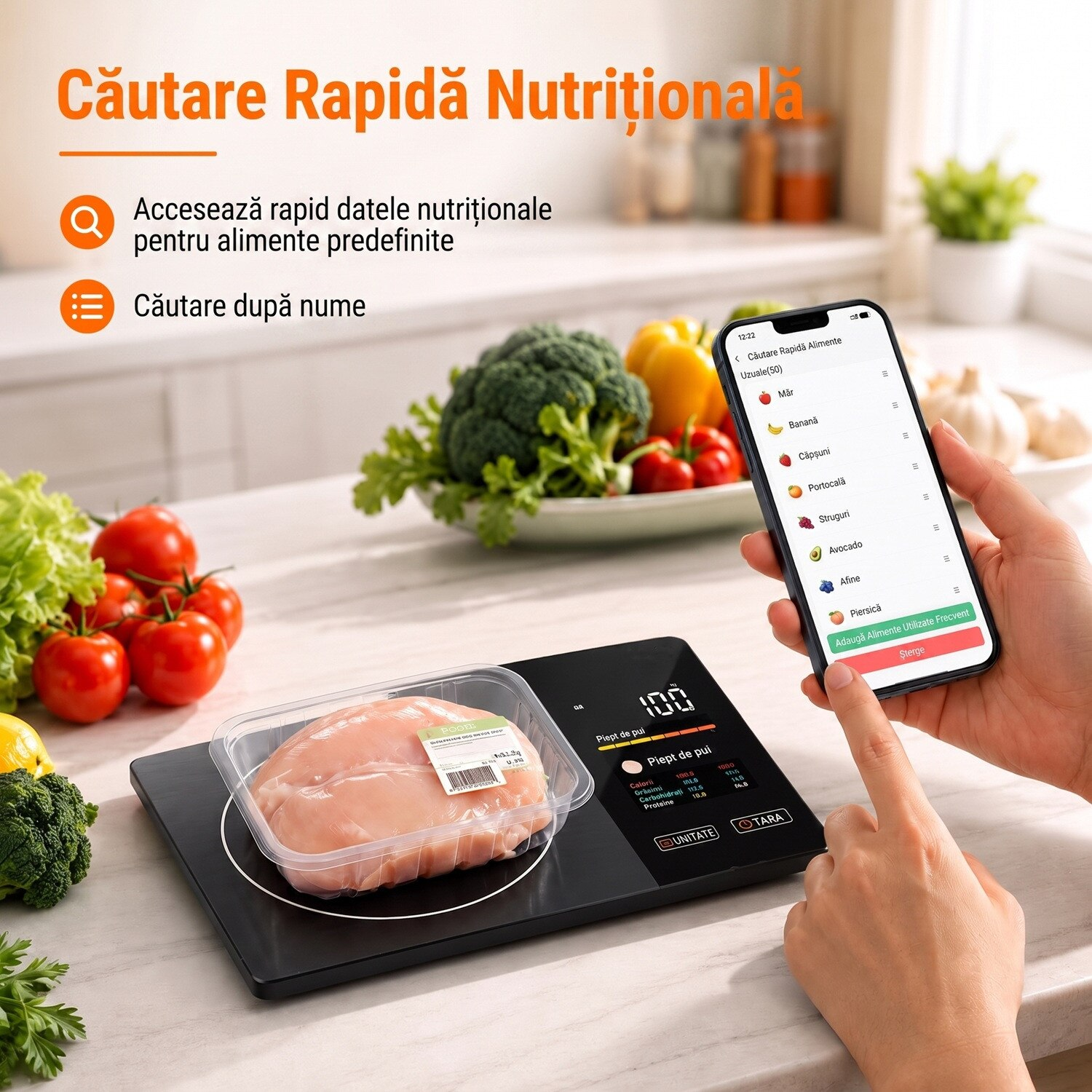 Cantar Bucatarie Smart, Afisaj Dublu cu Valori Nutritionale, Functioneaza si Fara Telefon, Calculator Calorii si 23 Nutrienti, Precizie 1g / 5kg, Bluetooth, Aplicatie iOS/Android, 4 Senzori, Otel Inoxidabil, Functie Tare si Lchide ml