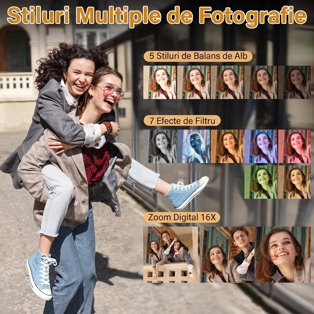 Camera Foto Compacta, 75 MP, Display LCD de 3.0 Inchi, Flip Screen 180°, Zoom 18x, Anti-shake, WIFI, Cu card SD 32G, Focalizare automata, Blit de Incorporat, Compact si Usor, Negru
