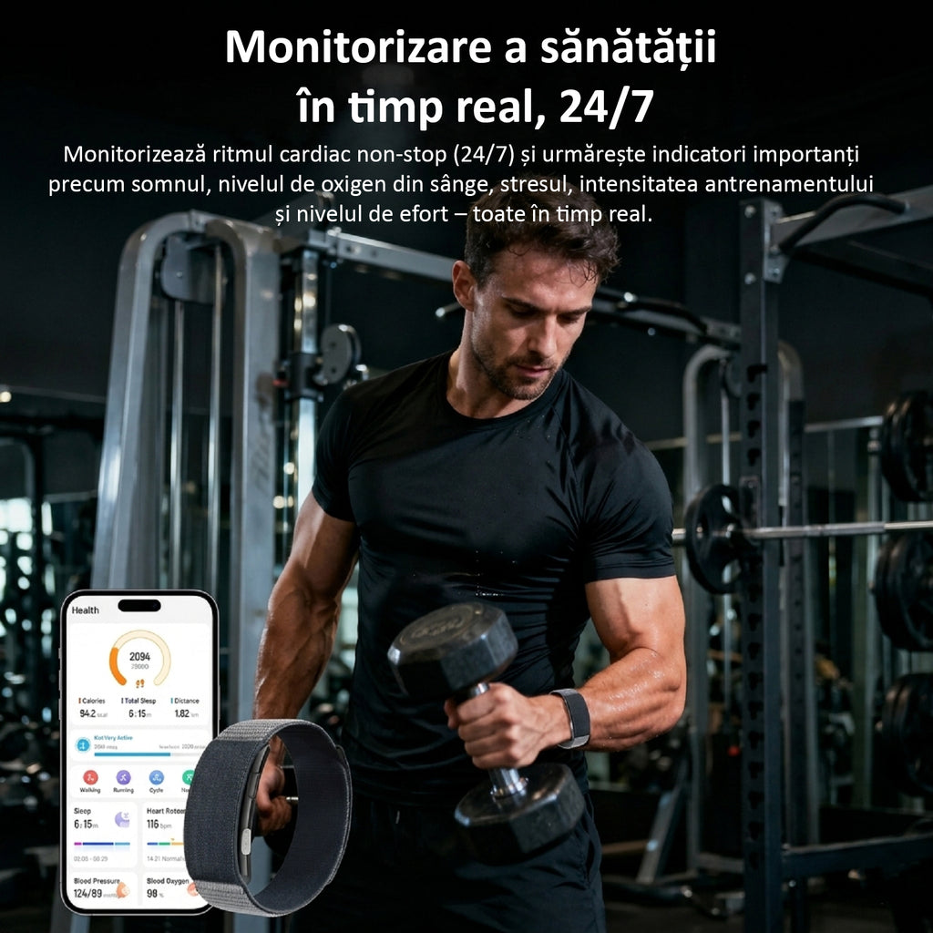 Bratara Fitness, Monitorizare Sanatate 24/7, Ritm Cardiac, Oxigen Sange, ECG, Temperatura, Somn, Moduri Sportive Multiple, Notificari Apeluri, Baterie 20-30 Zile, Rezistenta Apa 1ATM