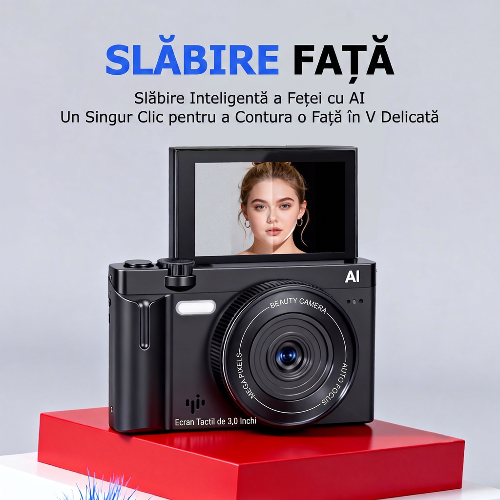 Camera Foto Digitala 4K cu AI, 21MP, Ecran Tactil 3.0" Rabatabil 180°, Card SD 32GB Inclus, Autofocus, Lumina LED, Camera Vlogging si Selfie, Functii Beauty, 10 Filtre, Negru Mat