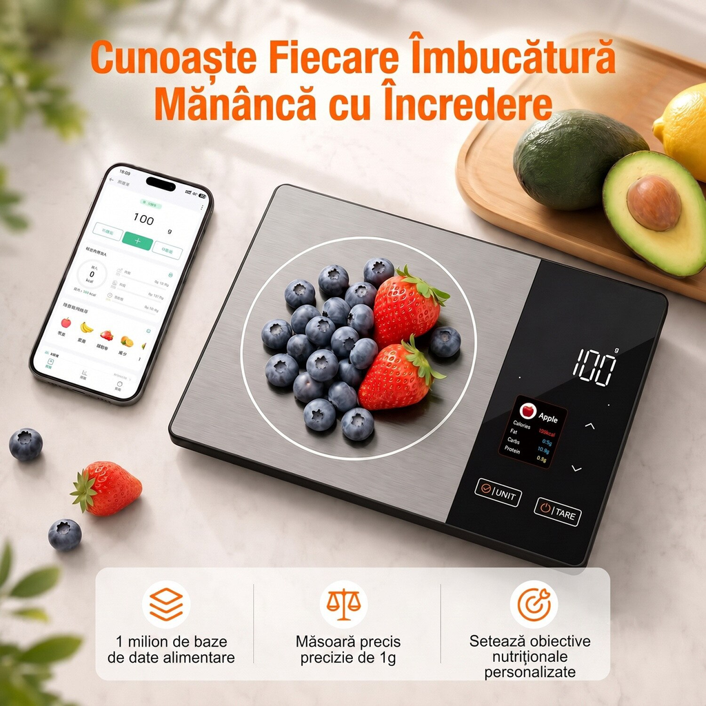 Cantar Bucatarie Smart, Afisaj Dublu cu Valori Nutritionale, Functioneaza si Fara Telefon, Calculator Calorii si 23 Nutrienti, Precizie 1g / 5kg, Bluetooth, Aplicatie iOS/Android, 4 Senzori, Otel Inoxidabil, Functie Tare si Lchide ml