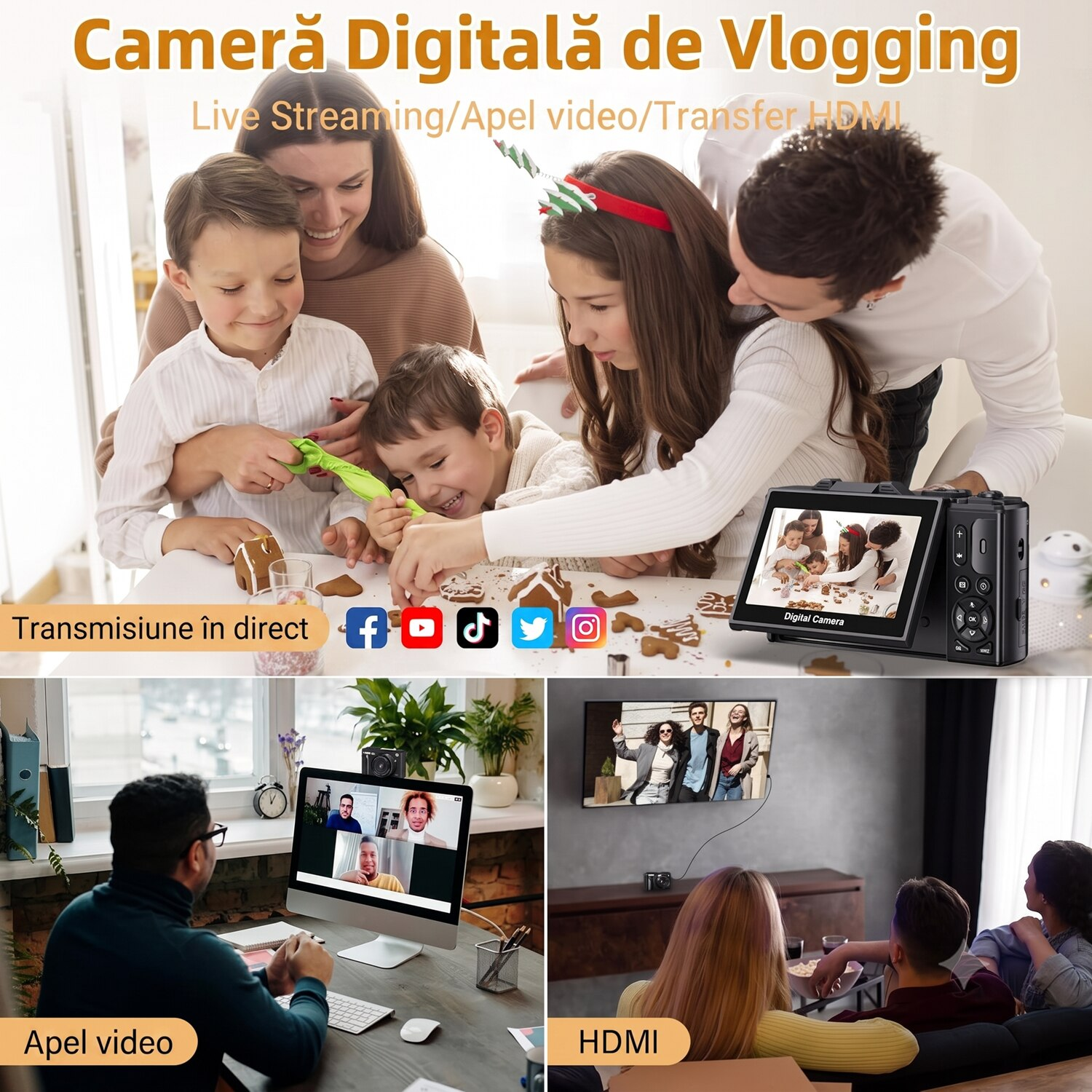 Camera Foto Compacta, 75 MP, Display LCD de 3.0 Inchi, Flip Screen 180°, Zoom 18x, Anti-shake, WIFI, Cu card SD 32G, Focalizare automata, Blit de Incorporat, Compact si Usor, Negru