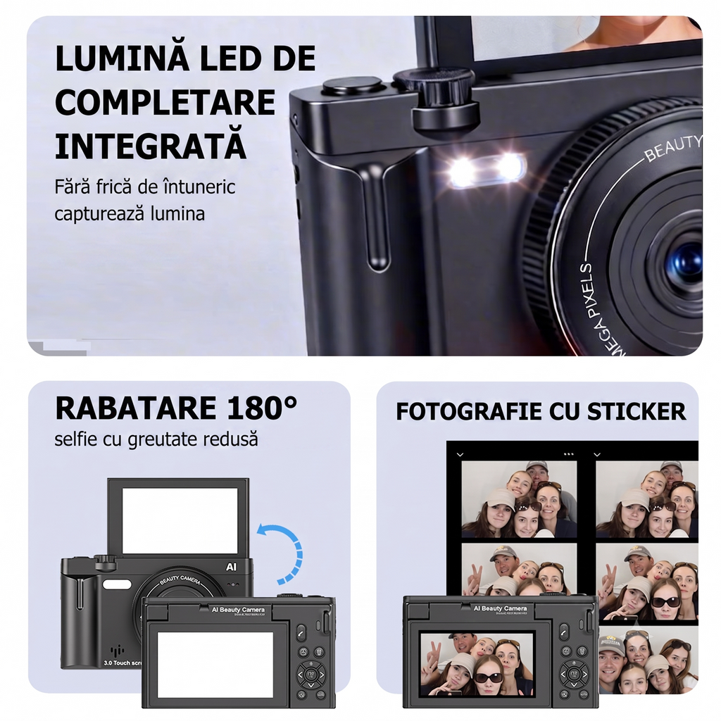 Camera Foto Digitala 4K cu AI, 21MP, Ecran Tactil 3.0" Rabatabil 180°, Card SD 32GB Inclus, Autofocus, Lumina LED, Camera Vlogging si Selfie, Functii Beauty, 10 Filtre, Negru Mat
