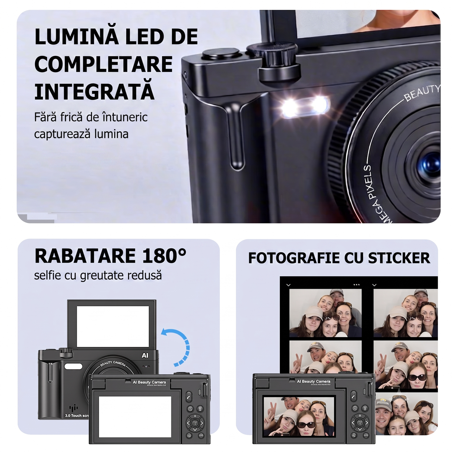 Camera Foto Digitala 4K cu AI, 21MP, Ecran Tactil 3.0" Rabatabil 180°, Card SD 32GB Inclus, Autofocus, Lumina LED, Camera Vlogging si Selfie, Functii Beauty, 10 Filtre, Negru Mat