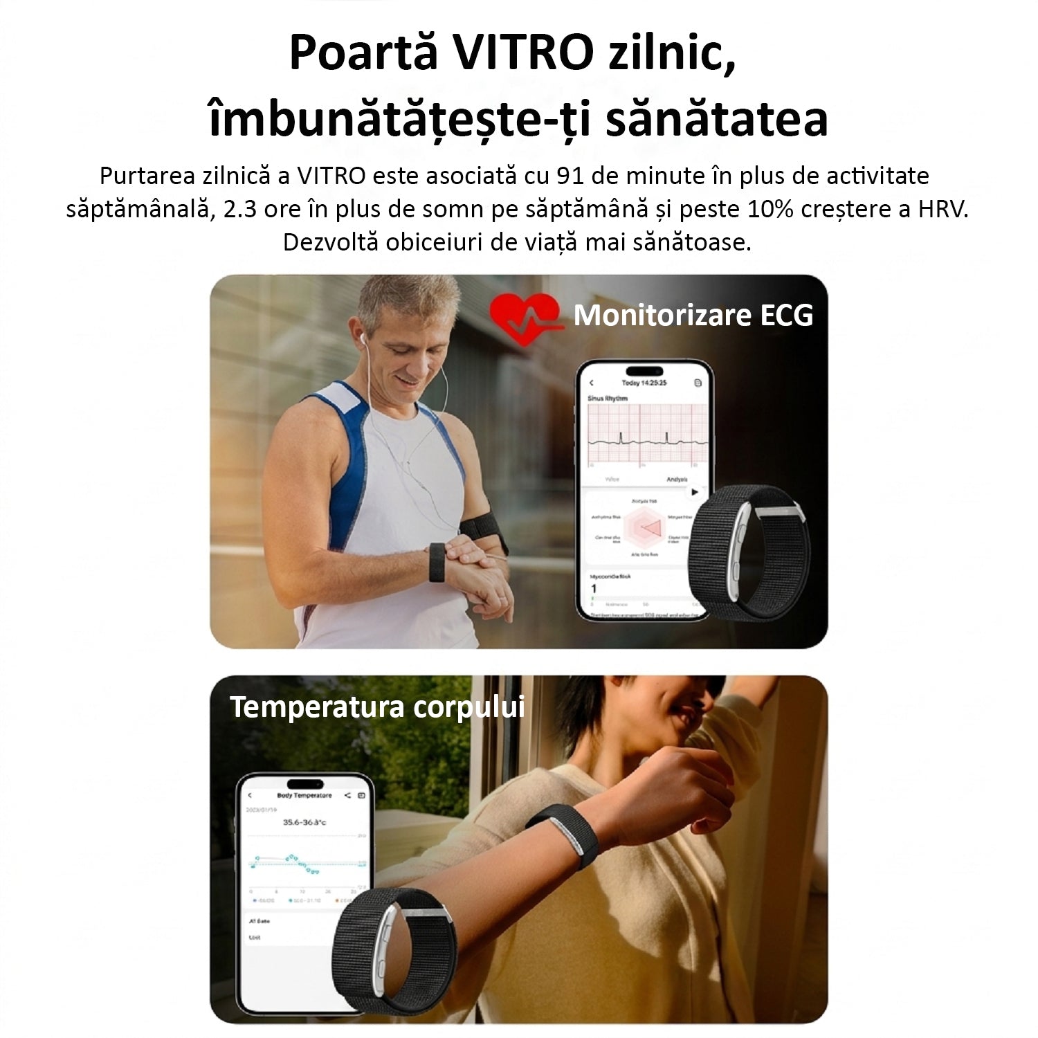 Bratara Fitness, Monitorizare Sanatate 24/7, Ritm Cardiac, Oxigen Sange, ECG, Temperatura, Somn, Moduri Sportive Multiple, Notificari Apeluri, Baterie 20-30 Zile, Rezistenta Apa 1ATM