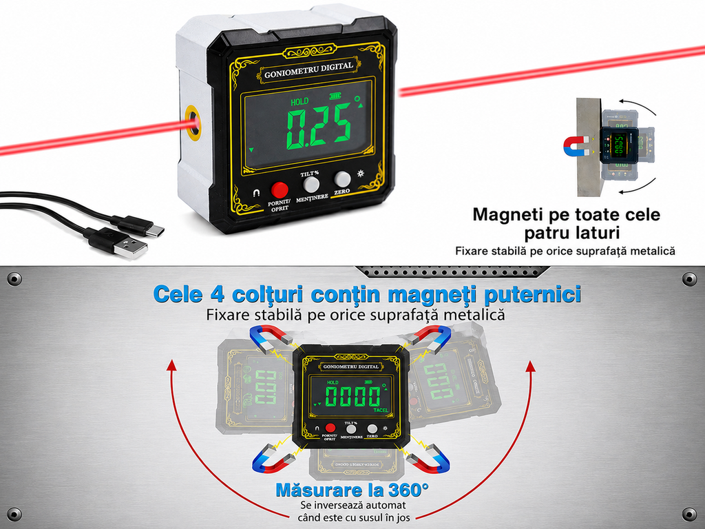 Inclinometru Digital cu Laser, Ecran LCD, Baza Magnetica, Precizie ±0.2°, Masurare Unghiuri 0-360°, pentru Tamplarie, Constructii, Auto
