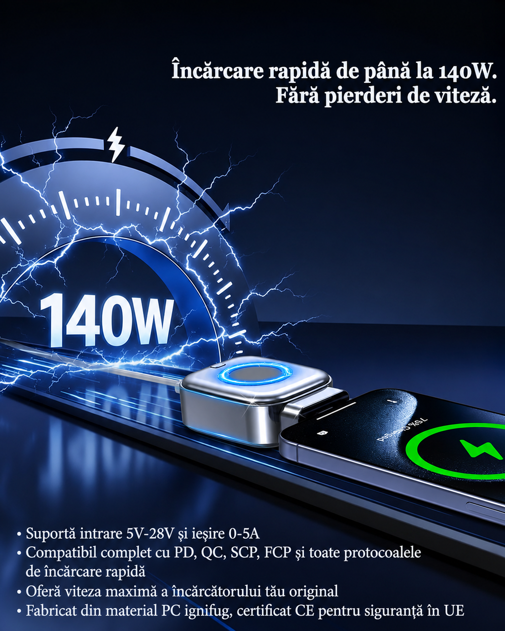 Adaptor Încărcare Inteligent USB-C 140W cu Oprire Automată — Protecție Baterie, Compatibil PD / QC / SCP / FCP