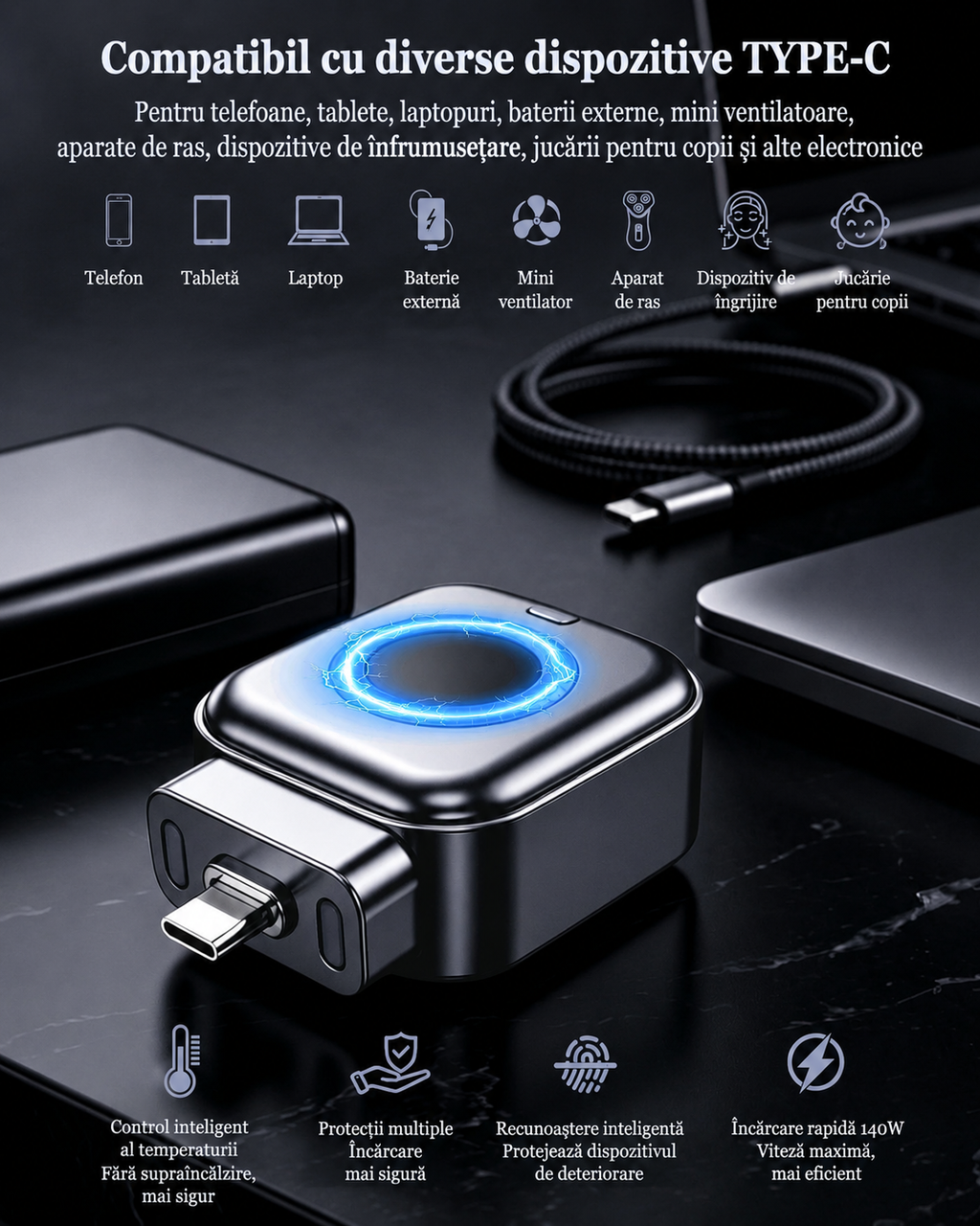 Adaptor Încărcare Inteligent USB-C 140W cu Oprire Automată — Protecție Baterie, Compatibil PD / QC / SCP / FCP