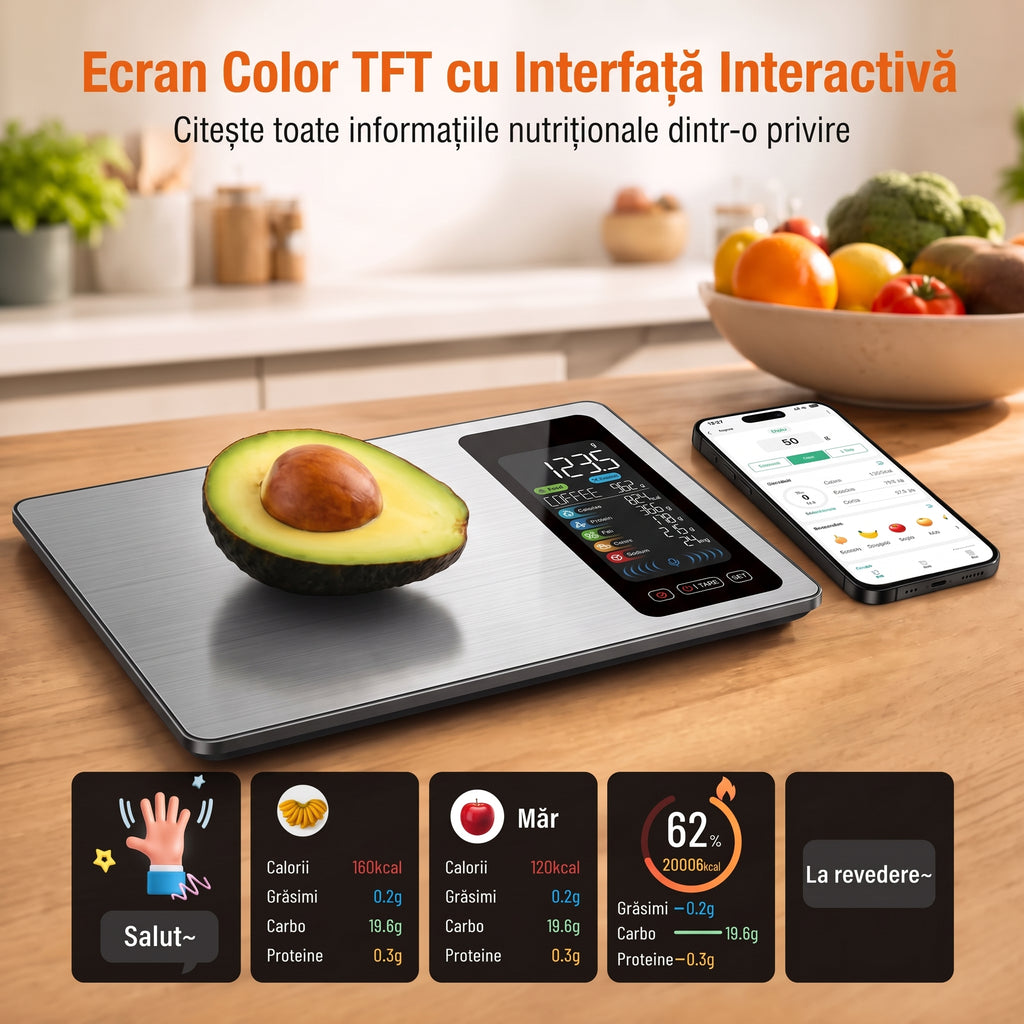 Cântar smart BriskHome cu valori nutriționale pe afișaj